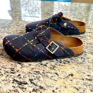 Size 37/6.5 Birkenstock Clogs Papillio Boston Denim Rhinestone Rainbow Stitch